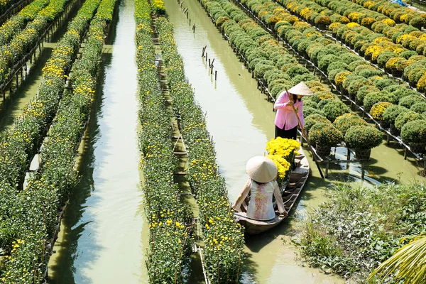 Two ladies with traditional dress are in a boat at the floating flower field in Sa Dec, Dong Thap, Vietnam. Sadec (Sa Dec) is one of the biggest flower stocks in Mekong Delta. — Stock Photo, Image