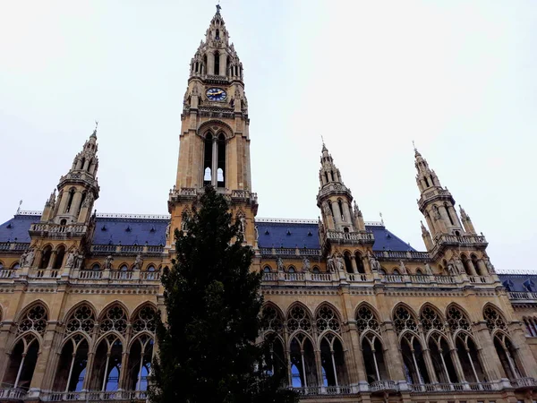 Vienna, Austria - December 16, 2017: Tall gothic building of Vienna city hall (Rathaus)