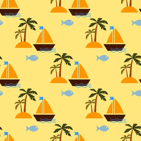 Острів Пустелі Вітрильний Корабель Безшовна Векторна Ілюстрація Плоский Дизайн — стоковий вектор