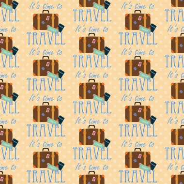 Vintage seyahat bavul, Bagaj, pasaport, Bilet, sorunsuz paettern tasarım düz
