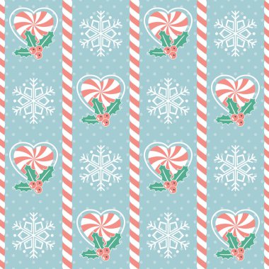 Noel deseni. Şekerler, ökseotu ve kar tanesi ile kusursuz vektör çizimi