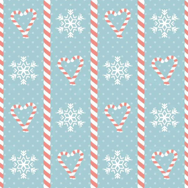 クリスマスのパターンハート型の飴と雪の結晶を使ったシームレスなベクトルイラスト — ストックベクタ