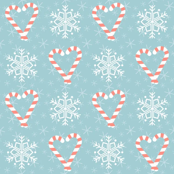 Weihnachtsmuster Nahtlose Vektorillustration Mit Herzförmigen Zuckerstangen Und Schneeflocken — Stockvektor