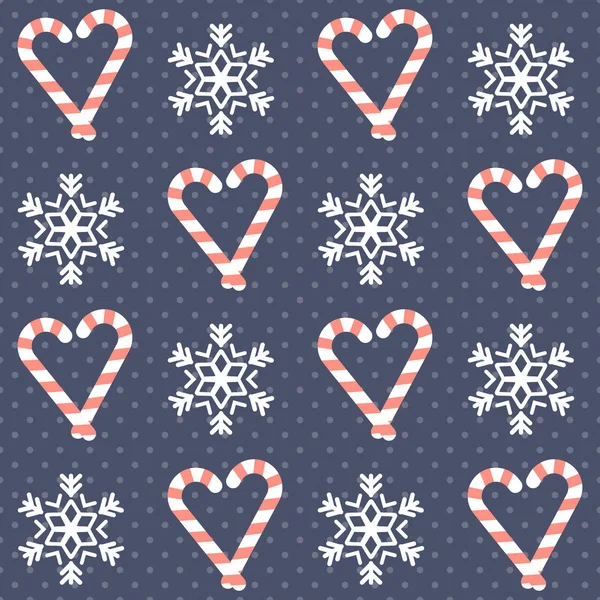 Weihnachtsmuster Nahtlose Vektorillustration Mit Herzförmigen Zuckerstangen Und Schneeflocken — Stockvektor