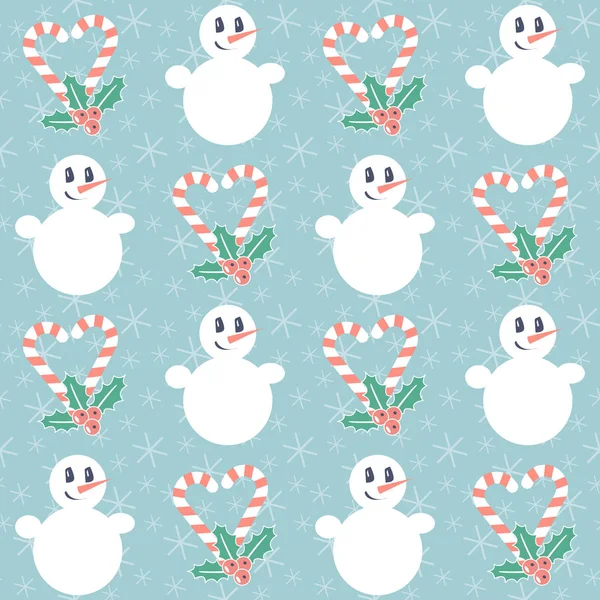 クリスマスのパターン雪だるま キャンディーの杖とミステリーとシームレスなベクトルイラスト — ストックベクタ