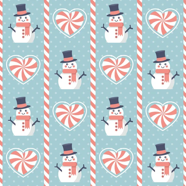 Weihnachtsmuster Nahtlose Vektorillustration Mit Schneemann Und Herzförmigen Bonbons — Stockvektor