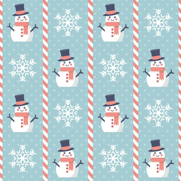 クリスマスのパターン雪男 雪片やキャンディ缶とシームレスベクトルイラスト — ストックベクタ