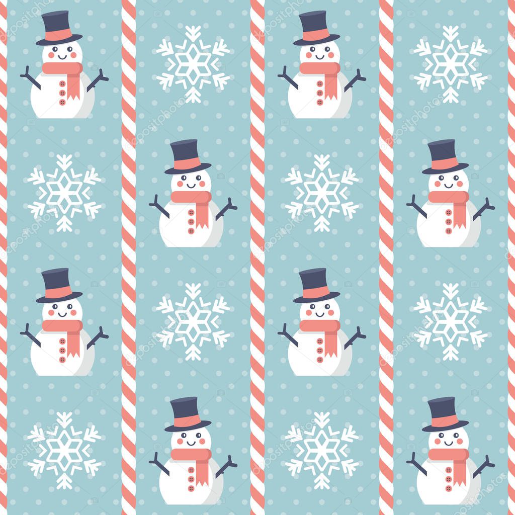 Christmas pattern. Seamless vector illustration with snowmen, snowflakes and candy canes