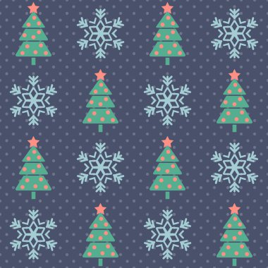 Noel deseni. Şekillendirilmiş Noel ağaçları ve kar taneleriyle kusursuz vektör çizimi