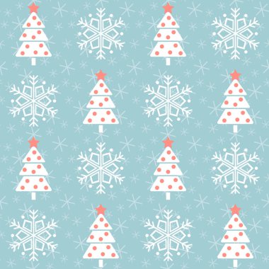 Noel deseni. Şekillendirilmiş Noel ağaçları ve kar taneleriyle kusursuz vektör çizimi