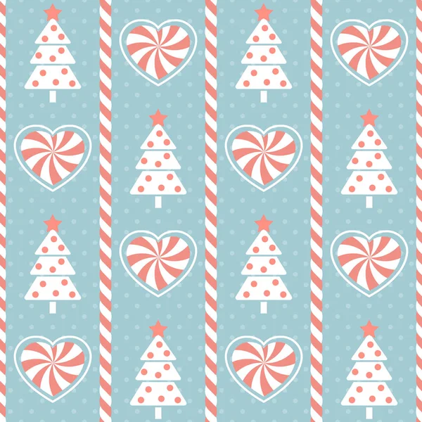 クリスマスのパターン様式化されたクリスマスツリーとハート型のキャンディーとシームレスなベクトルイラスト — ストックベクタ