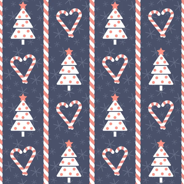 Weihnachtsmuster Nahtlose Vektorillustration Mit Stilisierten Weihnachtsbäumen Und Herzförmigen Bonbons — Stockvektor