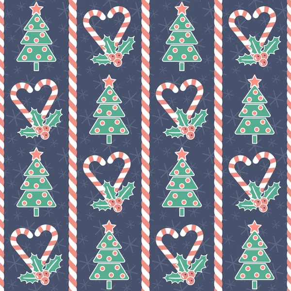 Weihnachtsmuster Nahtlose Vektorillustration Mit Stilisierten Weihnachtsbäumen Herzförmigen Bonbons Und Misteln — Stockvektor