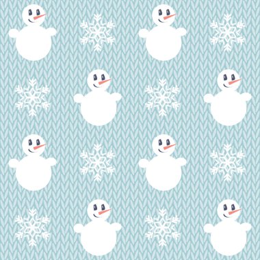 Noel deseni. Kardan adam ve kar taneleriyle kusursuz vektör çizimi, örülmüş arka plan