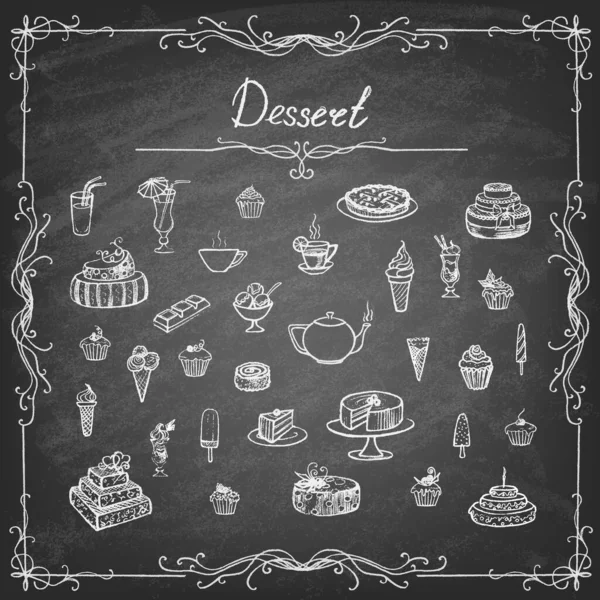 Ensemble de desserts sur une planche à craie . — Image vectorielle