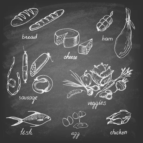 Conjunto de alimentos desenhados à mão sobre chalkboard . —  Vetores de Stock
