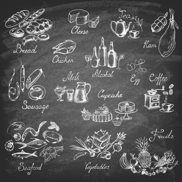 黒板に手描きの食べ物のセット. — ストックベクタ
