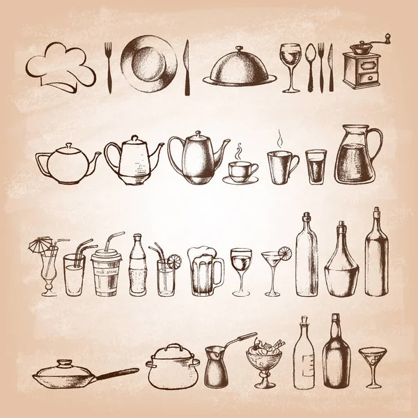 Ensemble d'articles de cuisine dessinés à la main sur du vieux papier . — Image vectorielle