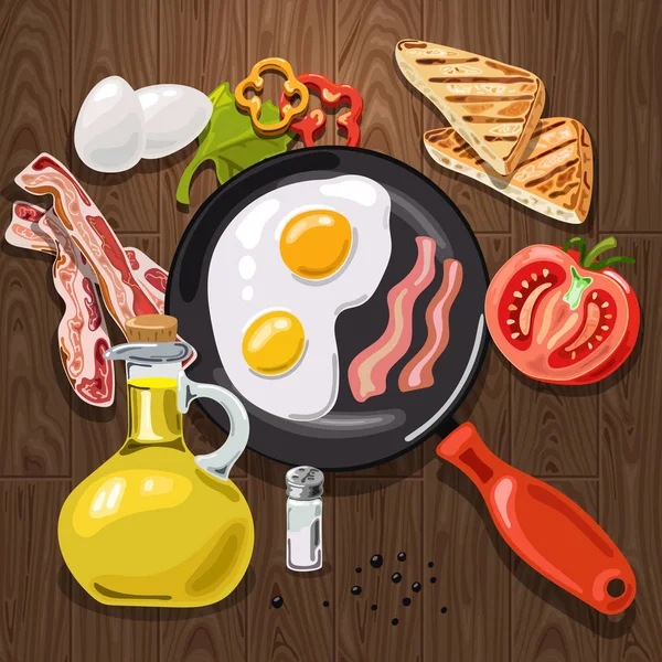 Жареные яйца с беконом и тостами Стоковая Иллюстрация