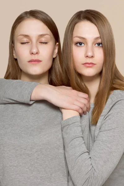 Piękno portret siostry bliźniaczki. Makijaż idealny twarzy. — Zdjęcie stockowe