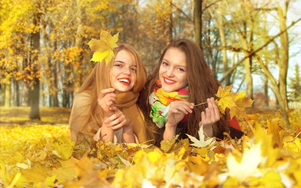 iki kız bir yaprak bir sonbahar Park yalan