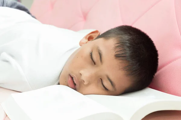 亚洲男孩睡觉与他的家庭作业在粉红色的沙发上 免版税图库照片
