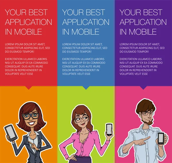 Çizgi film karakteri tutma cep telefonu ile dikey banner.