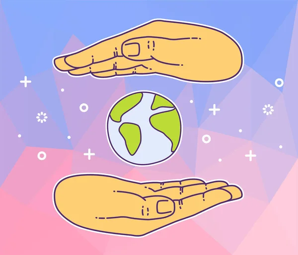 Eller Dünya 'yı kaplıyor. Dünya insanları dünyayı elinde tutuyor. Düz vektör etiketi, poster