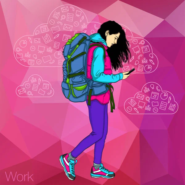 Marche fille avec un téléphone mobile . — Image vectorielle