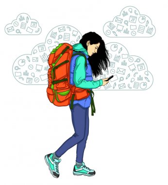 mobil uygulama. Beyaz arka plan üstünde hareket eden telefon ile kız.