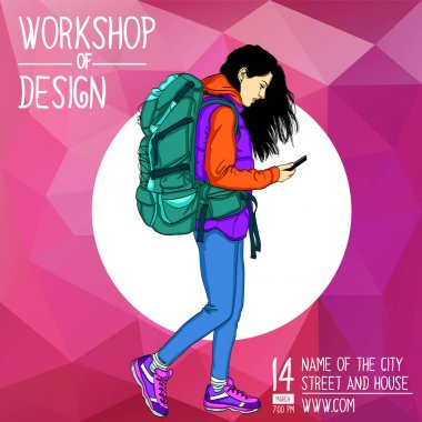 Cep telefonu kullaranarak Gezgin kadın. Vektör düz tasarım illüstrasyon izole beyaz arka plan üzerinde.