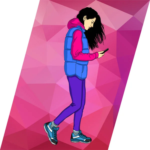 Femme marche et texte sur téléphone portable . — Image vectorielle