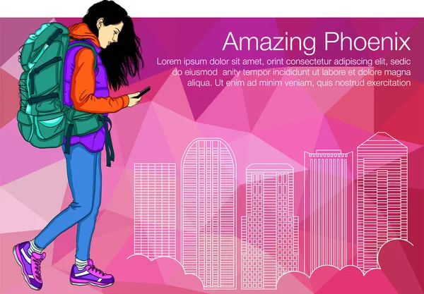 Chica de compras caminando en la ciudad sosteniendo Smartphone . — Vector de stock
