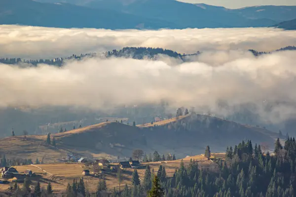 La vista desde las alturas de las montañas y bosques cubiertos de niebla — Foto de Stock