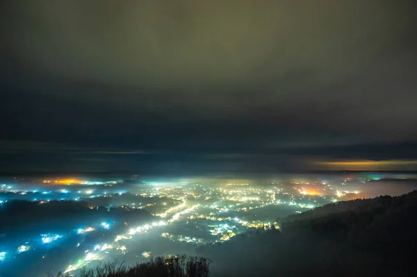 View of the night Ukrainian city in the fog — 스톡 사진