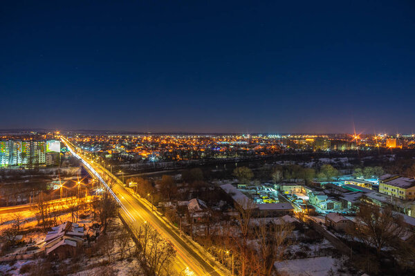 View of the night Ukrainian city from a height