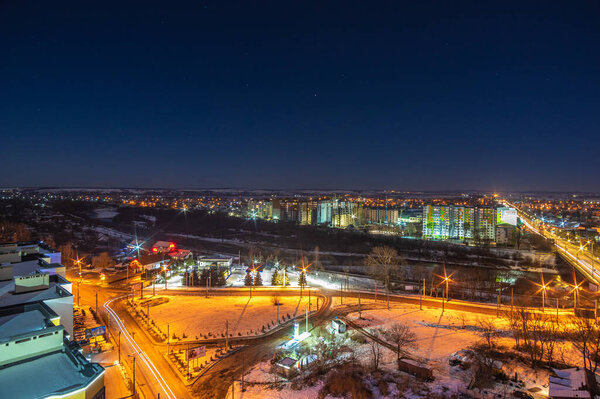View of the night Ukrainian city from a height