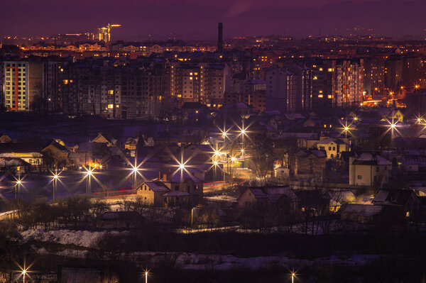 Night panorama of the Ukrainian city in winter