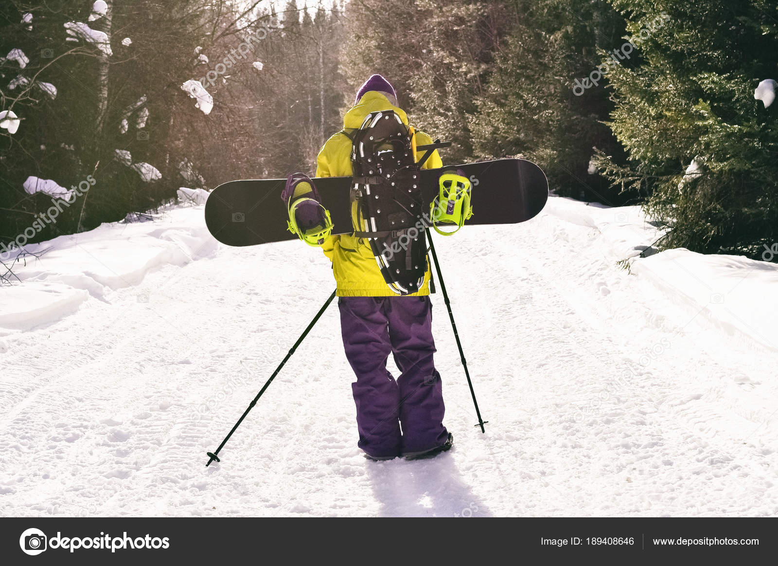 Back View Walking Man Snowboard Snowshoes Going Backcountry Tour