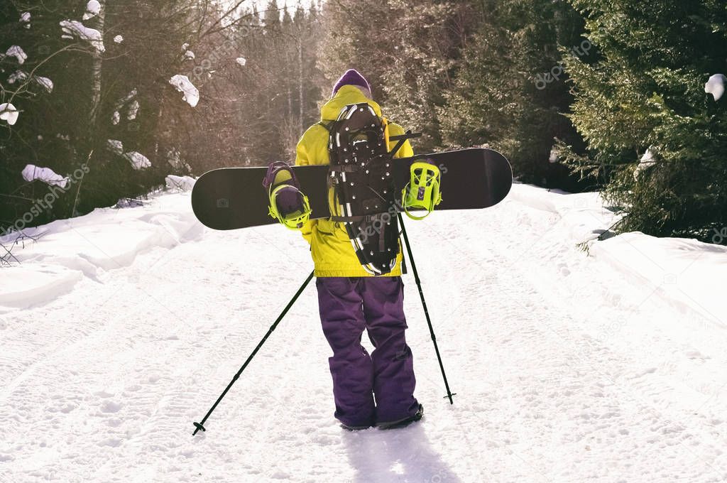 Back View Walking Man Snowboard Snowshoes Going Backcountry Tour