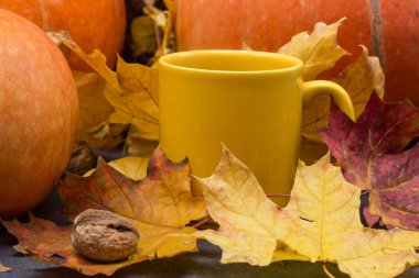 Kabaklar, eşarp sıcak çay ile ahşap tablo