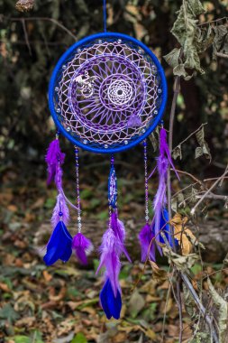 Tüy, deri, boncuk ve ipleri yapılmış Dreamcatcher