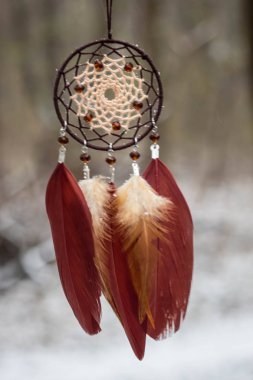 Tüy, deri, boncuk ve ipleri yapılmış Dreamcatcher