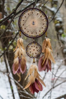 Tüy, deri, boncuk ve ipleri yapılmış Dreamcatcher