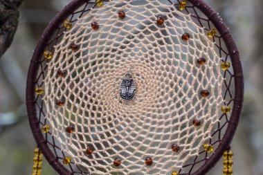 Tüy, deri, boncuk ve ipleri yapılmış Dreamcatcher