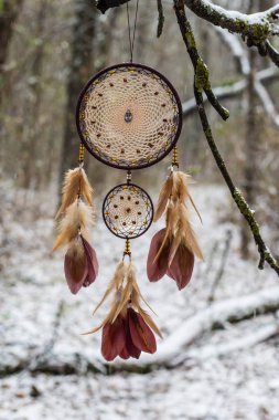 Tüy, deri, boncuk ve ipleri yapılmış Dreamcatcher