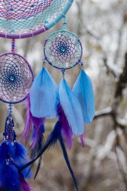 Tüy, deri, boncuk ve ipleri yapılmış Dreamcatcher