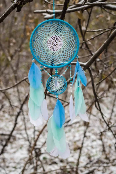 Tüy, deri, boncuk ve ipleri yapılmış Dreamcatcher