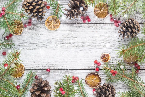 Ramas de Navidad con conos de bayas viburnum y rodaja de limón seco — Foto de Stock