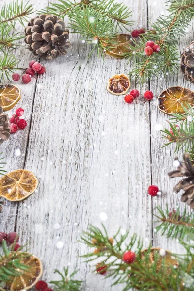 Ramas de Navidad con conos de bayas viburnum y rodaja de limón seco — Foto de Stock